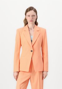 Persikų spalvos švarkas su aštriais apykaklėmis, vieno mygtuko uždarymu ir priekinėmis kišenėmis. Pagamintas iš lygaus audinio, pritaikytas modelis.