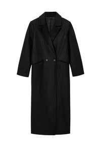 Abrigo largo de lana negra con solapas anchas, dos botones frontales y bolsillos laterales con ribete, exhibido sobre un fondo blanco.