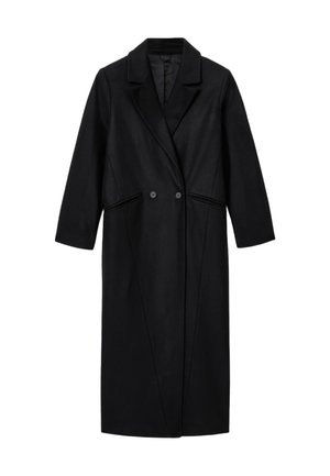 Pitkä musta villakangastakki, jossa on leveät kaulukset, kaksi etu-nappia ja sivutaskut, esitelty valkoista taustaa vasten.