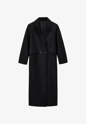 Abrigo largo de lana negra con solapas anchas, dos botones frontales y bolsillos laterales con ribete, exhibido sobre un fondo blanco.