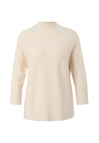 Maglione lavorato a maglia color beige chiaro con collo alto, maniche a tre quarti e una vestibilità rilassata. La texture è liscia e leggermente a coste.