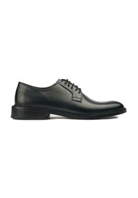 Black leather dress shoe with a rounded toe, laces, smooth texture, and a low heel. Minimalist design with subtle stitching detail.