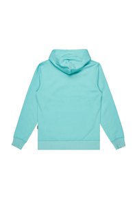 Sudadera de algodón azul claro con una capucha amplia, mangas largas y puños de canalé. Textura suave, sin patrones ni hardware visibles.