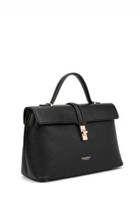 Zwarte textured leren handtas met een gestructureerde vorm, bovenhandvat en goudkleurige hardware. Voorzien van een klepsluiting en logoaccent.