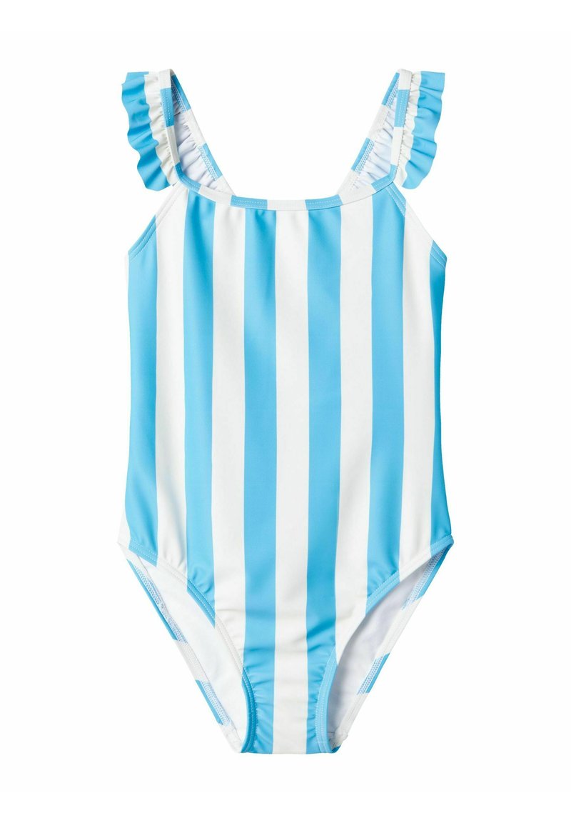 Sinine ja valge triibuline ühes tükis ujumistrikoo ruffle-ristmetega ja sileda, veniva tekstuuriga. Kujundatud mugavuse ja liikuvuse tagamiseks vees.