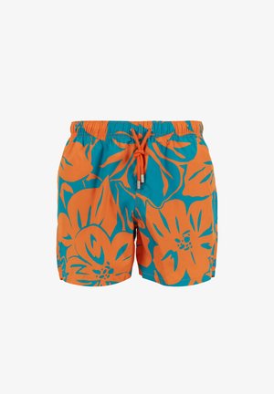 Costume da bagno multicolore con cordoncino, caratterizzato da un grande motivo floreale in arancione e teal, realizzato in tessuto leggero.