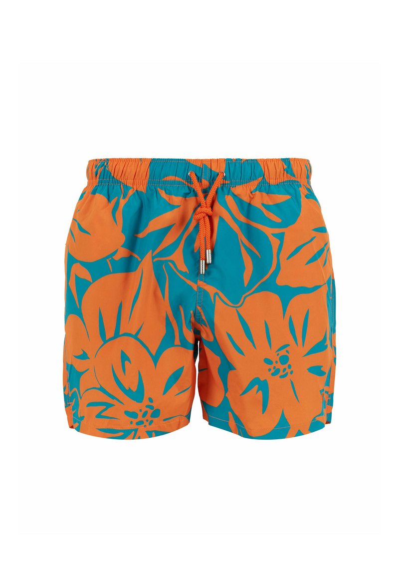 Costume da bagno multicolore con cordoncino, caratterizzato da un grande motivo floreale in arancione e teal, realizzato in tessuto leggero.