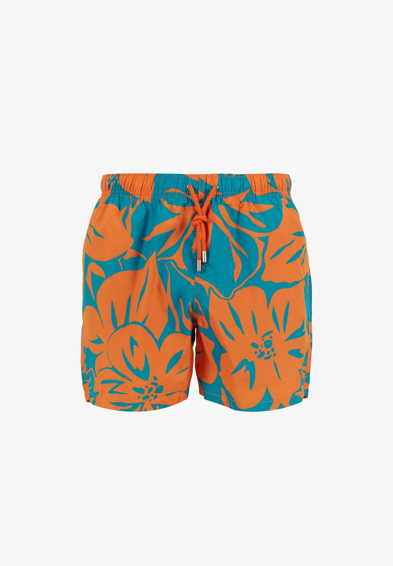 Costume da bagno multicolore con cordoncino, caratterizzato da un grande motivo floreale in arancione e teal, realizzato in tessuto leggero.