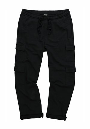 Schwarze Cargo-Hose aus weichem Material, mit einem Kordelzugbund, umgeschlagenen Säumen und mehreren Seitentaschen zur Aufbewahrung.