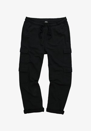 Schwarze Cargo-Hose aus weichem Material, mit einem Kordelzugbund, umgeschlagenen Säumen und mehreren Seitentaschen zur Aufbewahrung.