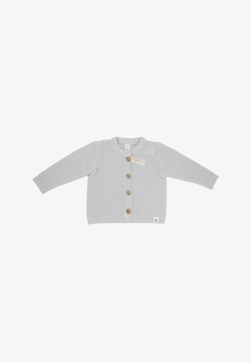 Gray knitted cardigan with a round collar, four wooden buttons, ribbed hem, and small brand tag on the bottom left. Long sleeves.