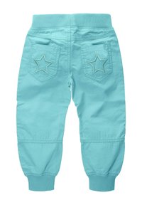Turkusowe dresowe spodnie z miękkiego materiału z elastycznym paskiem w talii. Posiadają dwie tylne kieszenie z haftem w kształcie gwiazdy. Zwężane mankiety.