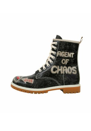 Black leather boot with a textured finish, featuring "AGENT OF CHAOS" in beige lettering, cream laces, and a rubber sole with traction.