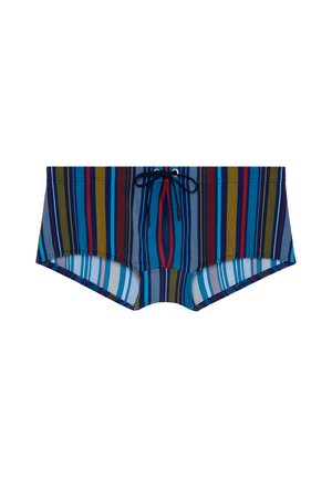 Maillots de bain pour hommes à rayures verticales en bleu, marine, rouge, jaune et blanc, avec un cordon noir à la taille.