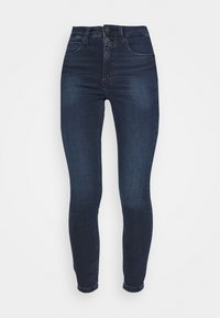 Dark blue high-waisted skinny jeans in stretch denim, featuring a double-button closure, five pockets, and minimal fading. Smooth texture.