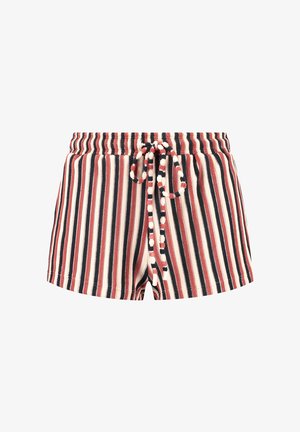 Gestreepte shorts in rood, marineblauw en crème, met een elastische tailleband en trekkoord. Deze shorts hebben een gestructureerde stof en decoratieve knoopaccenten.