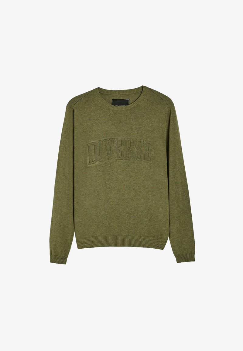 Sweter w oliwkowym kolorze z dzianiny, z okrągłym dekoltem i wypukłym logo "DIVERSE". Żebrowane mankiety i dół, gładka tekstura.