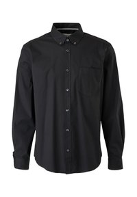 Camisa de botón de manga larga negra de algodón, con cuello puntiagudo, un bolsillo en el pecho y puños abotonados. Textura suave, ajuste clásico.