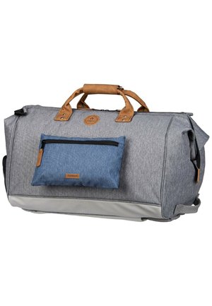 Gray and blue duffel bag with brown leather handles and accents, featuring a front zippered pocket and a small logo patch.