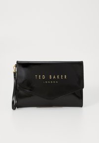 Black patent leather clutch with a fold-over design, gold "TED BAKER LONDON" logo, and a detachable wrist strap. Smooth texture, minimal accents.