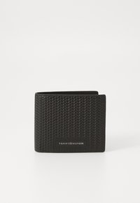 Black woven leather wallet with a bi-fold design. Features a branded plaque on the front, providing a textured and sleek appearance.