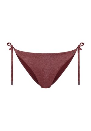 Bordeaux bikini onderkant met een glanzende afwerking, zijknoopdetails en contrasterende binnenvoering. Kenmerkt metalen accenten op de knopen.