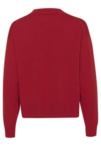 Red knit sweater with a rounded collar, long sleeves, and ribbed cuffs and hem. Smooth texture with a consistent pattern throughout.