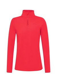 Hellroter Langarmpullover mit einem Viertelreißverschluss und hohem Kragen, taillierte Passform, schlichtes Design mit dezentem Markenlogo auf der Brust.