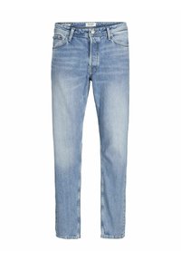 Svetlomodré denim nohavice so štandardným strihom, dizajnom s piatimi vreckami a kontrastným prešívaním. Obsahujú kovový gombík a zips na uzatváranie.