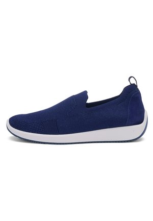 Navy blue slip-on sneaker with knitted upper, elastic panel, pull tab at heel, and white rubber sole designed for casual wear.