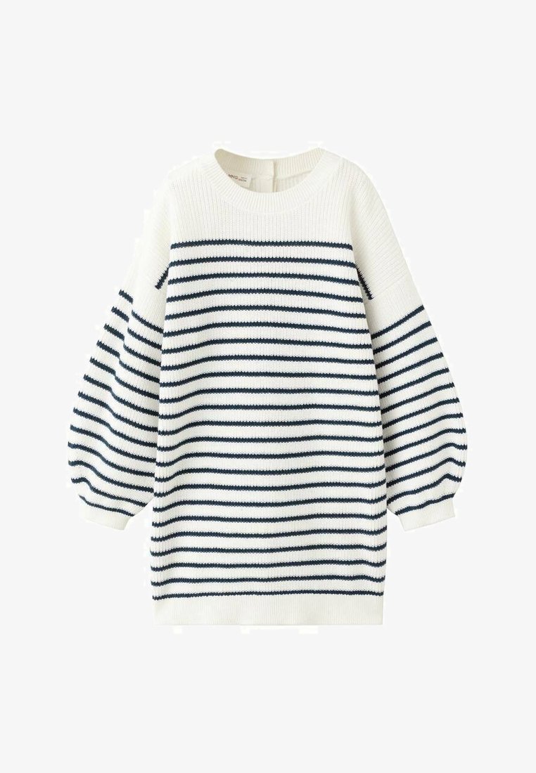 Pull en maille blanche avec rayures horizontales bleu marine, col rond et larges manches longues bouffantes.