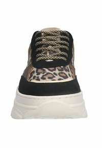 Leopard-patterned sneakers with a black suede upper, beige accents, and a chunky white rubber sole. Features textured laces and contrasting panels.