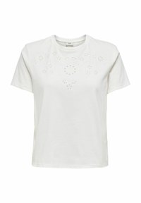 Hvid bomulds t-shirt med korte ærmer, der har blomsterudskæringer på forsiden, en rund halsudskæring og en afslappet pasform.