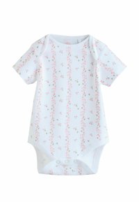 White short-sleeve baby bodysuit featuring a floral pattern with pink flowers on vertical strands. Soft fabric with snap closures at the bottom.