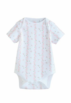 Valge lühikeste varrukatega beebi bodi, millel on lillemuster roosade lilledega vertikaalsetel triipudel. Pehme kangas, alumises osas trukkidega kinnitused.