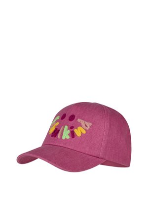 Pink baseball cap with multicolored embroidered letters and two small purple dots above them on the front panel.
