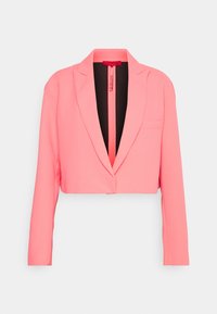 Blazer accorciato di un vivace colore rosa con maniche lunghe, rever a punta, taschino sul petto e una cerniera nera all'interno. Tessuto a superficie liscia.