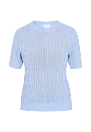 Svetlomodrý sveter na krátky rukáv s rebrovanou textúrou, ktorý obsahuje vertikálne vzory z hadičiek a okrúhly výstrih s bežným strihom.