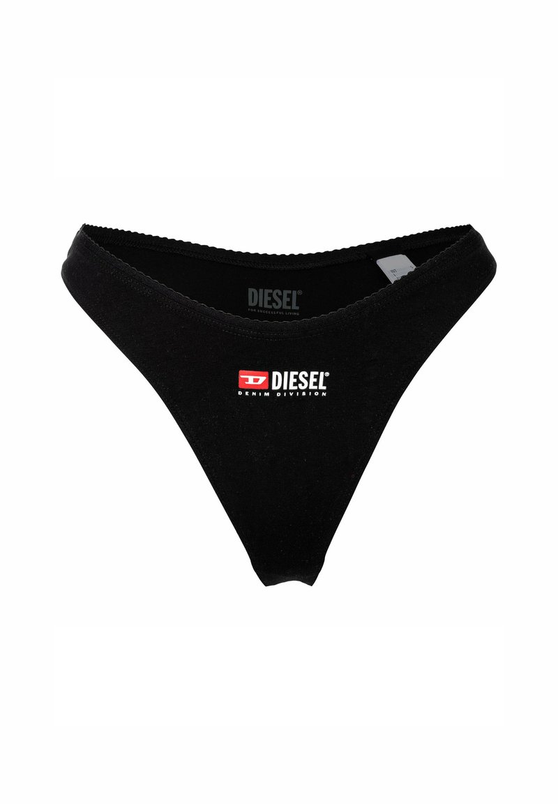 Tanga negro de Diesel con el logo en rojo y blanco "Diesel Denim Division" centrado en la cinturilla frontal.