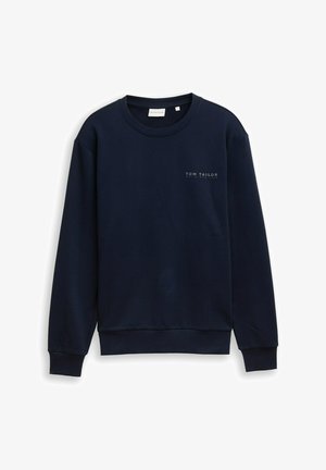 Felpa blu navy in misto cotone con scollo rotondo e maniche lunghe. Presenta un piccolo logo di testo bianco sul petto.