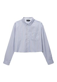 Chemise boutonnée courte en bleu clair avec des rayures verticales blanches et orange, comportant un col et une poche poitrine unique. Texturé en tissu doux.