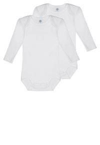 Weiße Baumwoll-Bodysuits mit langen Ärmeln im Zweierset, ausgestattet mit Druckknöpfen am Boden und gerippten Bündchen. Rundhalsausschnitt-Design.
