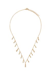 Złoty naszyjnik z delikatnym łańcuszkiem, posiadający wisiorki w kształcie kropli. Niektóre wisiorki są ozdobione małymi, przezroczystymi kryształkami. Regulowane zapięcie.