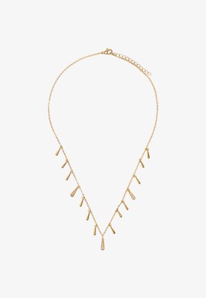 Złoty naszyjnik z delikatnym łańcuszkiem, posiadający wisiorki w kształcie kropli. Niektóre wisiorki są ozdobione małymi, przezroczystymi kryształkami. Regulowane zapięcie.