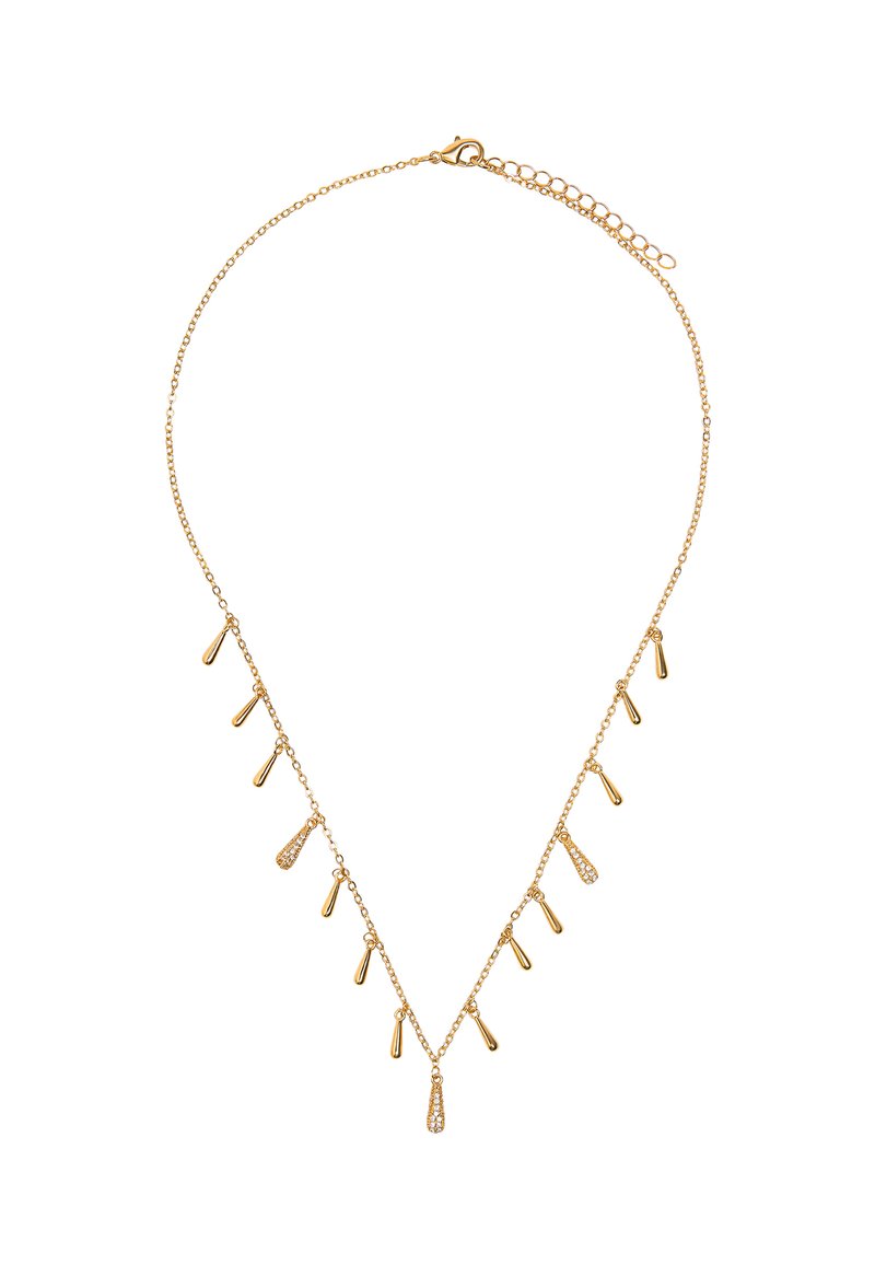 Złoty naszyjnik z delikatnym łańcuszkiem, posiadający wisiorki w kształcie kropli. Niektóre wisiorki są ozdobione małymi, przezroczystymi kryształkami. Regulowane zapięcie.