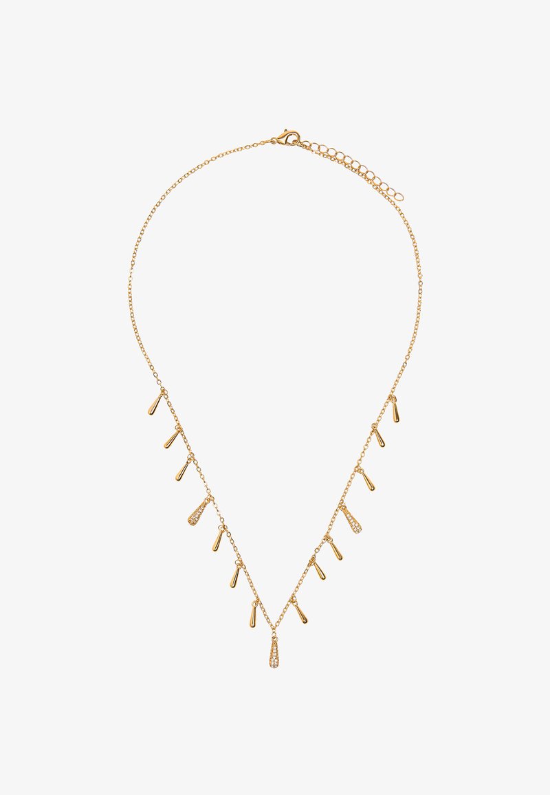 Złoty naszyjnik z delikatnym łańcuszkiem, posiadający wisiorki w kształcie kropli. Niektóre wisiorki są ozdobione małymi, przezroczystymi kryształkami. Regulowane zapięcie.