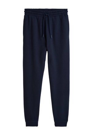 Pantalons de survêtement navy avec taille à cordon, poignets élastiqués et texture douce, conçus pour le confort et le port décontracté.
