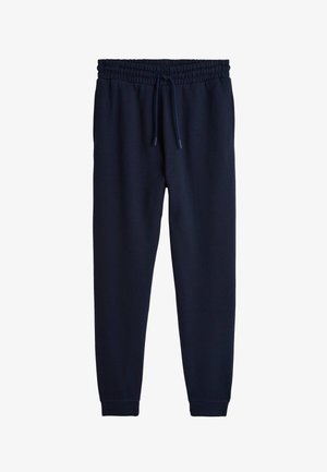 Pantalons de survêtement navy avec taille à cordon, poignets élastiqués et texture douce, conçus pour le confort et le port décontracté.
