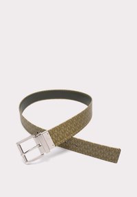 Ceinture marron à motifs avec une boucle rectangulaire en argent, posée à plat en boucle lâche sur un fond clair.