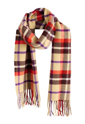 Bézs sál rojttal, piros, lila, barna és fehér vonalú kockás mintával, lazán körbetekerve.